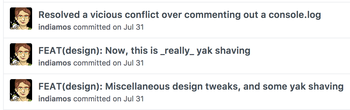 screenshot of three commit messages re yak shaving